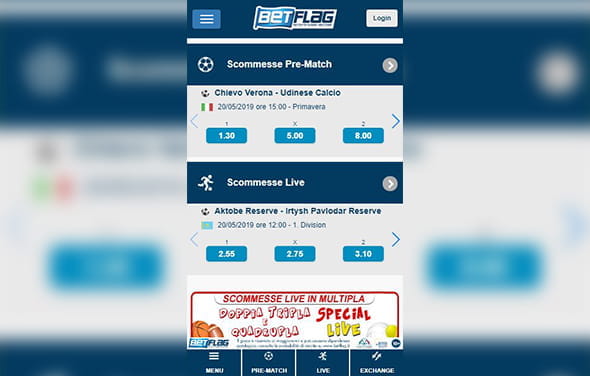 La home page della betting app Blackberry di BetFlag