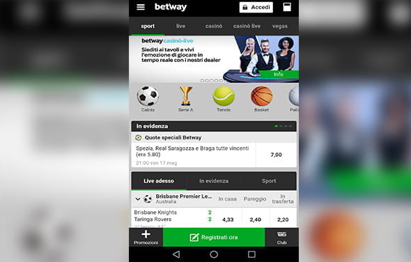 La home page della betting app Windows Phone di Betway