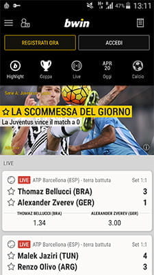 La homepage della app bwin