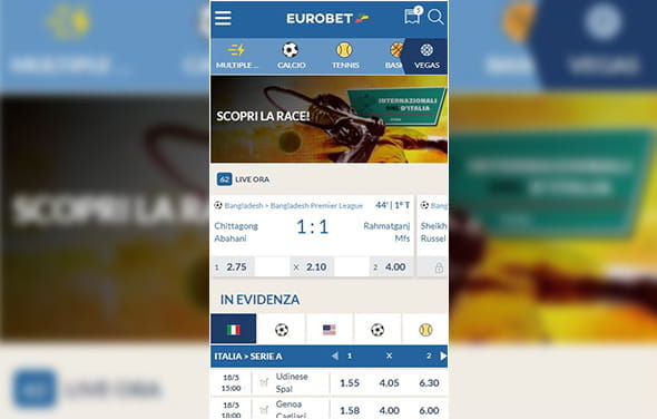 La home page della betting app iPhone di Eurobet