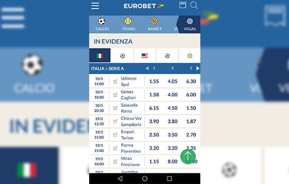 La home page della betting app Windows Phone di Eurobet