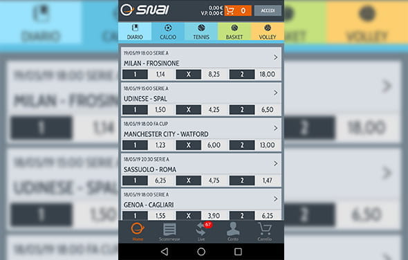 La home page della betting app Windows Phone di SNAI