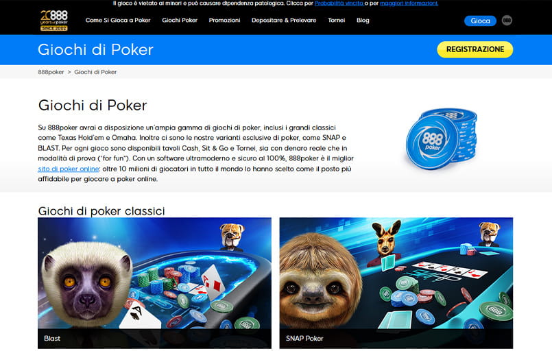 La homepage di 888poker con la spiegazione dei contenuti della sezione, dai tavoli ai giochi speciali