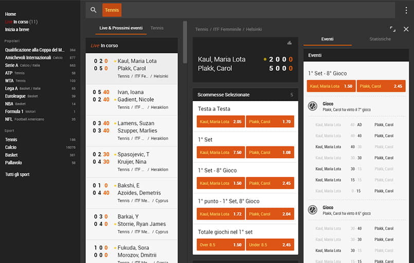 La schermata con le statistiche live su un match di tennis su 888sport