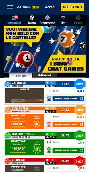 La versione mobile del bingo online su AdmiralBet.