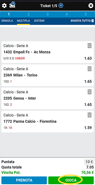 Conferma giocata dall'app AdmiralBet