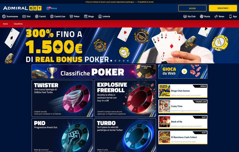 L’homepage di AdmiralBet poker con la descrizione dei bonus sul poker e dei tornei