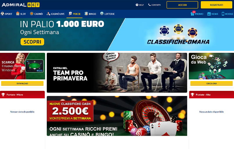 L’homepage di AdmiralBet poker con la descrizione dei bonus sul poker e dei tornei