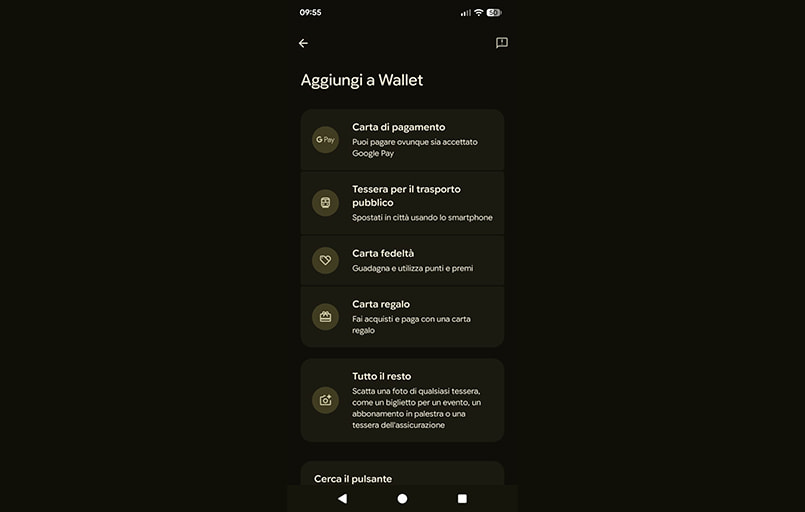 Schermata su smartphone con opzione Google Pay per aggiungere la carta