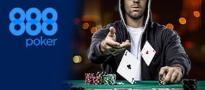 Un giocatore di poker durante una partita e il logo di 888poker