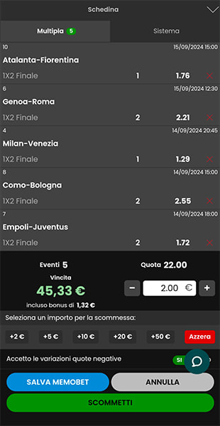 Visione schedina da app