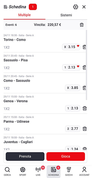 visione schedina da app