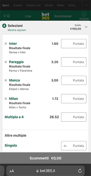 Visione schedina da app bet365