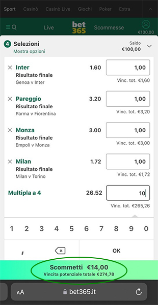 Conferma schedina da app bet365