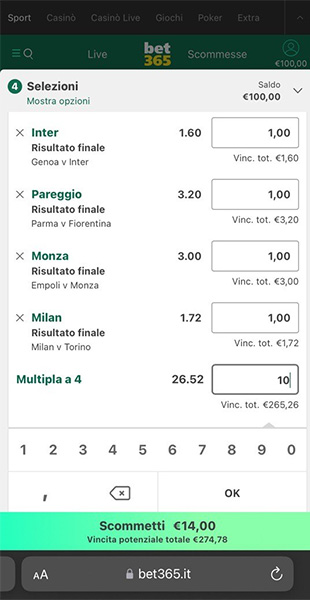 Cifra importo schedina da app bet365