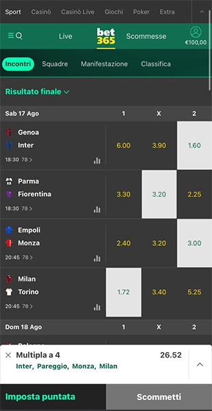 Elenco quote app bet365
