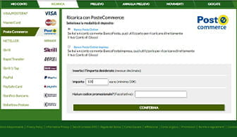 La pagina di un sito di scommesse dell'area personale da cui procedere al deposito con BancoPosta