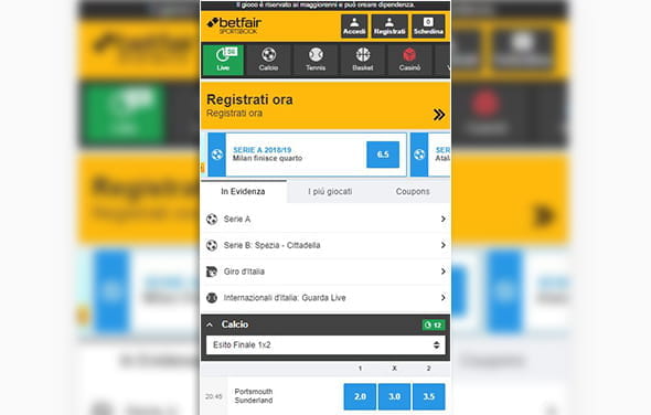 La home page della betting app iPhone di Betfair