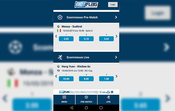 La home page della betting app Android di BetFlag