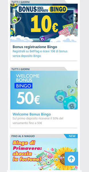 La schermata da mobile delle promozioni BetFlag legate al bingo.