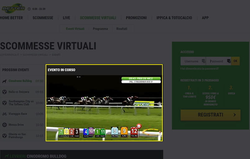 Lo screenshot delle corse ippiche virtuali su Better
