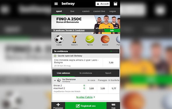 La home page della betting app Blackberry di Betway