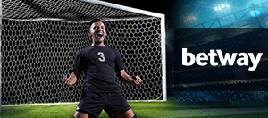 Un calciatore che esulta davanti ad una porta di calcio e il logo di Betway