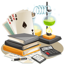 Carte da blackjack, un alambicco, dei libri