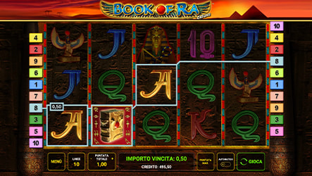 Schermata di gioco con una vincita alla slot Book of Ra Deluxe