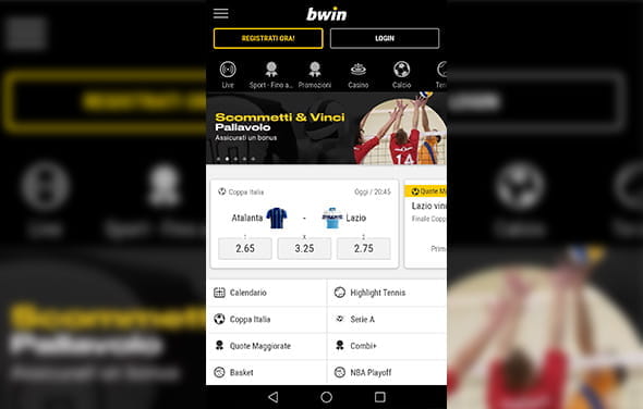 La home page della betting app Android di bwin