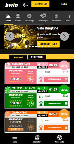 Lobby del bingo online su bwin da mobile.