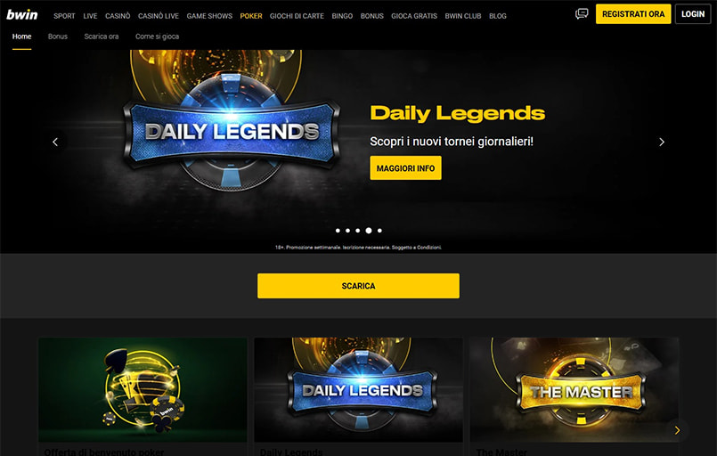 La homepage su sfondo nero di bwin