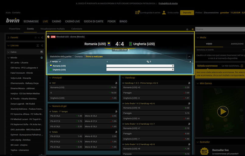 Le statistiche live di una partita di pallamano su bwin