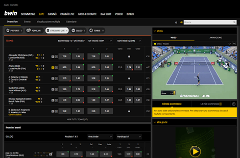 Un match di tennis trasmesso in streaming sul sito di bwin