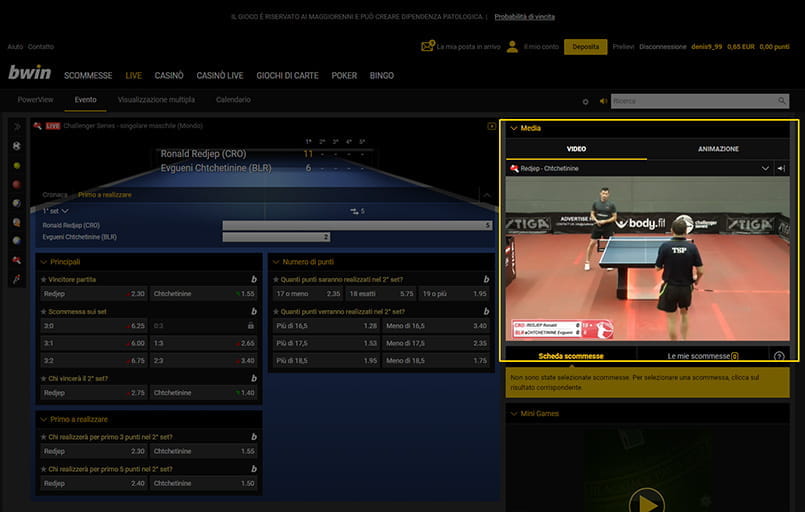 Lo screenshot di una partita di tennistavolo trasmessa da bwin