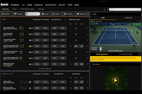 Una partita di tennis trasmessa in streaming da bwin