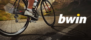 Un ciclista in azione e il logo di bwin