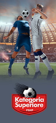Giocatori di calcio albanese in azione e il logo della Kategoria Superiore