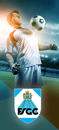 Un calciatore in azione e il logo del Campionato San Marino