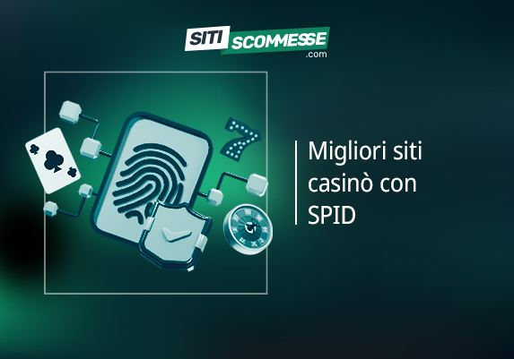 Il logo di sitiscommesse.com, la scritta Migliori siti casinò con SPID e uno smartphone per accesso con impronta digitale