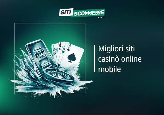 Il logo di sitiscommesse.com, la scritta Migliori siti casinò online mobile, un telefono, carte da gioco e una roulette