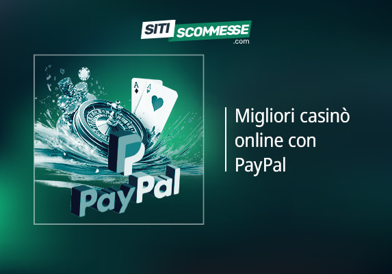 Il logo di sitiscommesse.com, la scritta Migliori casinò con PayPal, il logo di PayPal e elementi casinò