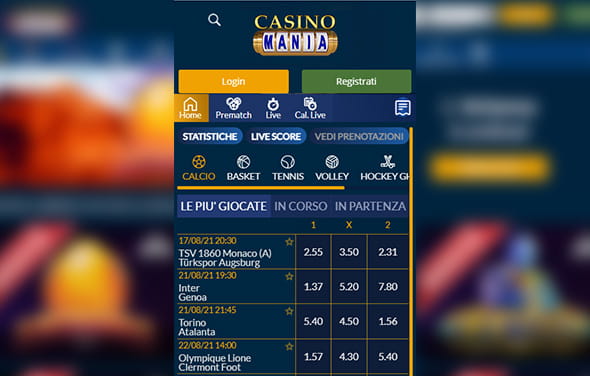 La home page della betting app Blackberry di CasinoMania width=