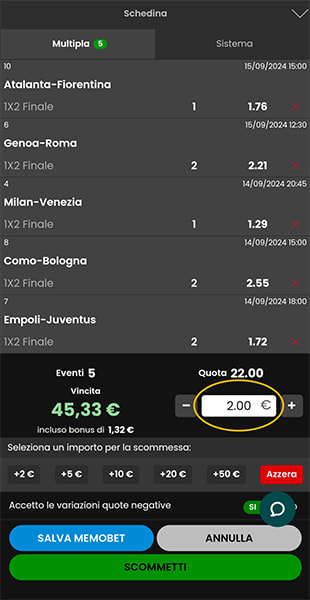 cifra importo schedina da app