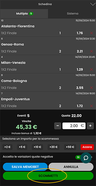 conferma schedina da app