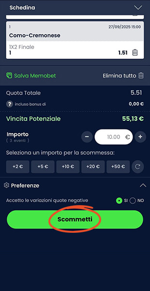 Conferma giocata con l'app Totosì