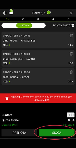 Conferma schedina da app
