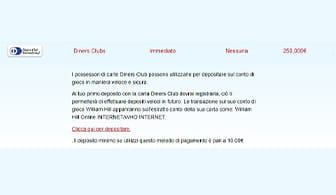 Il form di deposito di un bookmaker Diners con il quale ricaricare il conto