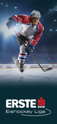Un giocatore di hockey su ghiaccio in azione e il logo della Ebel Liga