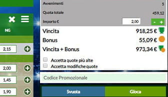 La home page di un sito scommesse, con una schedina da piazzare